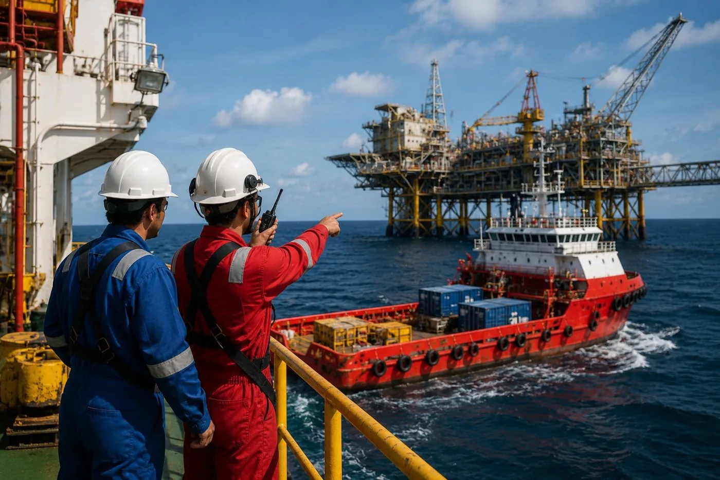 Offshore support team on PSV deck — offshore platform and PSV supply vessel